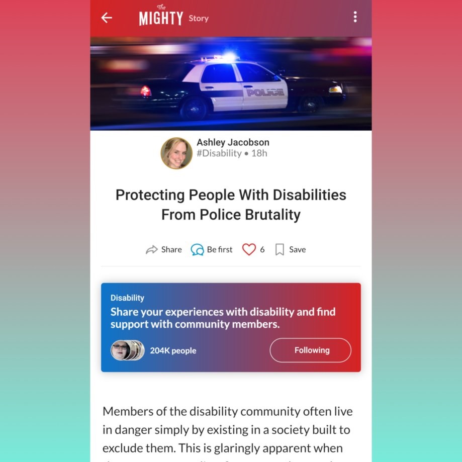 [Image description (Alt text also provided in the image): a screenshot of the article, bordered in red and teal, titled "Protecting People with Disabilities from Police Brutality."]
